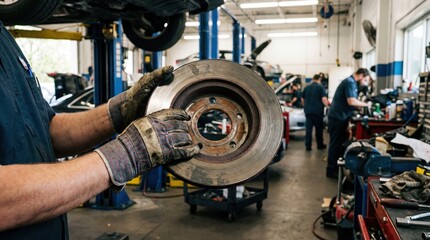 A mechanic holds a brake disc in a busy auto repair shop. Several technicians work on vehicles in the background. Tools and equipment are visible.