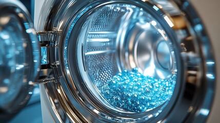 Fototapeta premium Interior with washing machine and soap bubbles,Vector realistic automatic washing machine with a front loading with blue soup bubbles,Realistic vector illustration,Home appliance concept.