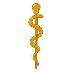 Asclepius staff symbol of medicine and healing. Ancient Greek golden rod with a snake. Vintage short staff with a serpent wrapped around it. Vector illustration