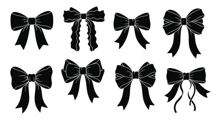 A collection of black ribbon bows in varying styles presented as a design element on transparent background silhouette high quality professional