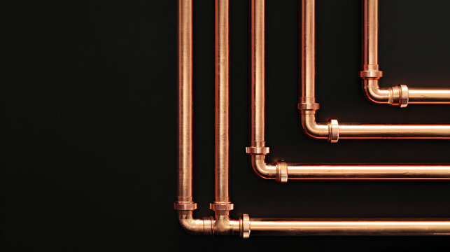 copper heating pipes on dark background with copyspace, minimal industrial copper pipework right side composition, vertical copper pipes with empty space for design
