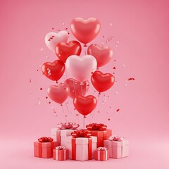 A festive arrangement of heart-shaped balloons and gift boxes on a pastel background