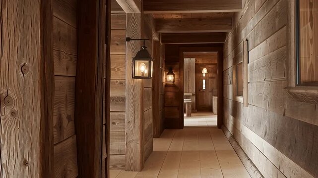 Warm wooden corridor inside an alpine chalet with rustic walls, soft lantern lighting and cozy mountain cabin atmosphere