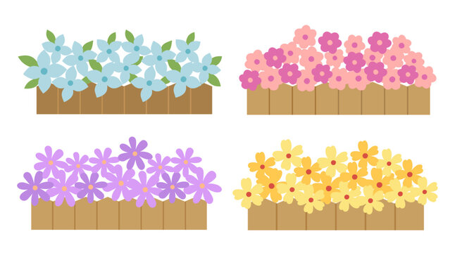Simple flower bed with wooden fence vector clipart set.
Cute spring flowers in wooden fence illustration.
Spring flower garden border. svg.