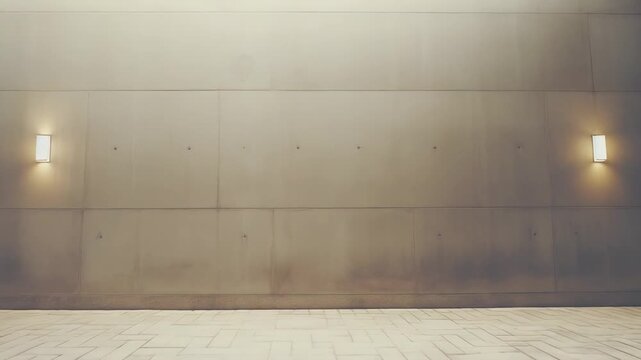 Clean, minimalist architectural wall featuring horizontal panels, two illuminated rectangular wall lamps, and a patterned paving stone floor providing copy space