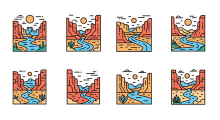 Desert landscape illustrations featuring canyons river sun and stylized designs