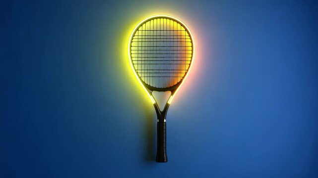Black tennis racket with bright yellow neon glowing outline on a blue background