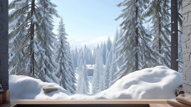 Indoor spa pool inside an alpine chalet with panoramic window, snowy pine forest view and calm winter mountain wellness atmosphere