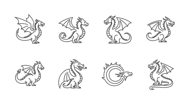 Set of cartoon dragon illustrations in simple linear design suitable for various applications