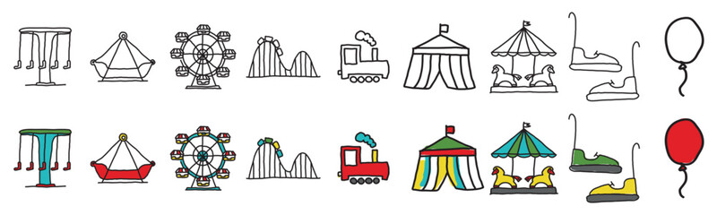 Adobe Illustrator ArtworkCarousel Ride Icons, Amusement Park Attraction Graphics, Fairground Swing Ride Silhouettes, Black and White Design vector illustration. © Maan