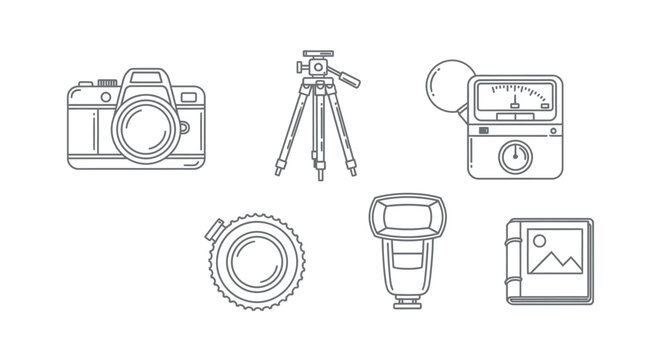 Photography equipment illustration camera tripod flash lens and accessories