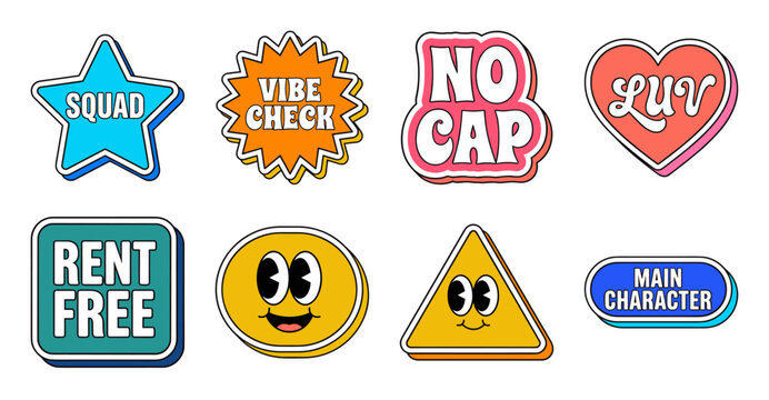 Colorful Gen Z Slang Sticker Set with Retro Characters