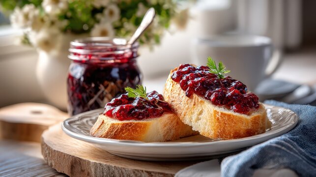 Sourdough bread with berry jam for breakfast