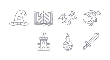 Fototapeta premium Fantasy line art illustrations wizard hat spellbook dragons castle sword