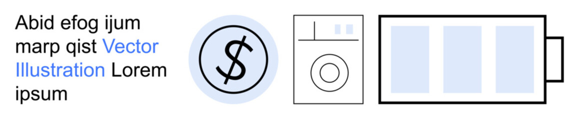 Obraz premium Energy efficiency, cost savings, technology, renewable energy, sustainability, power management. Battery icon, washing machine and dollar symbol in a minimal design. Energy efficiency and cost