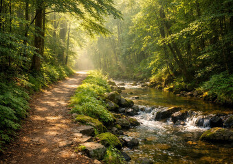 Obraz premium A serene forest path with sunlight filtering through the trees created by AI