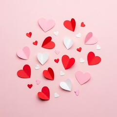 Scattered paper hearts on a soft pink background creating a romantic display