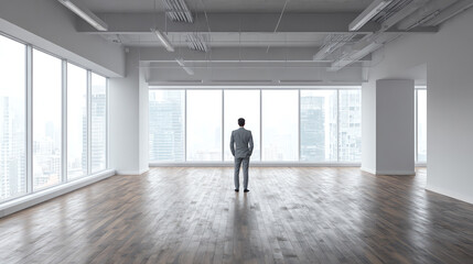 Fototapeta premium A businessman stands alone in a spacious, empty office with large windows overlooking a city skyline.