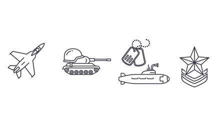 Obraz premium Military icons set jet tank dog tags submarine and star symbol