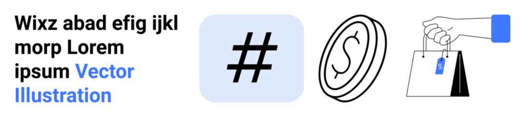 Fototapeta premium metadata tag sign in blue box, coin with dollar sign, and hand holding shopping bags. Ideal for social media, e-commerce, finance, online marketing, digital payments, branding simple landing page