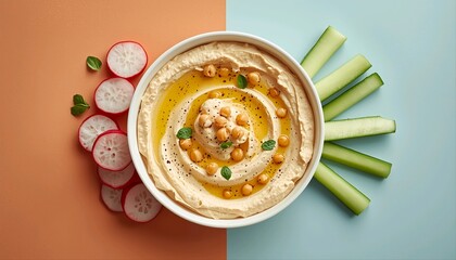 Mediterranean hummus dip with fresh vegetables and olive oil, healthy snack art on orange and blue background, candid culinary food illustration
