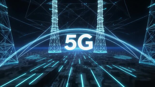 Digital city comes alive as glowing 5G towers establish a high-speed network, transmitting data across a futuristic urban landscape, enabling global connectivity and technological advancement.