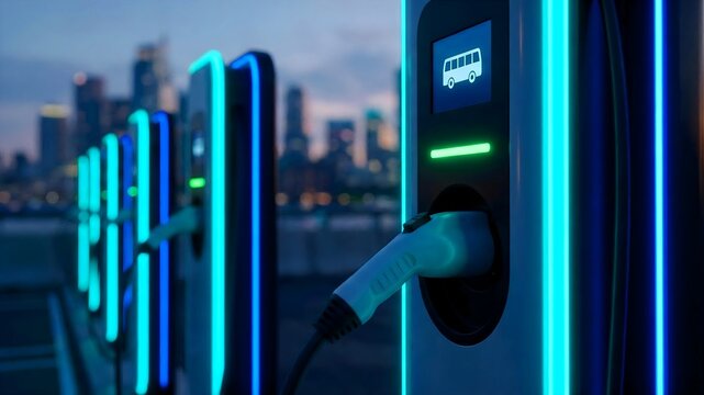 Row of modern electric vehicle charging stations glowing with vibrant blue and cyan neon lights in an urban setting at twilight, ready for use