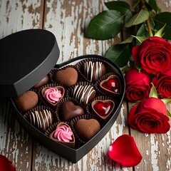 Elegant heart-shaped box of chocolates with romantic red roses on rustic wooden surface