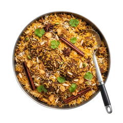 Delicious biryani dish, indian cuisine with spices and herbs in a metallic bowl