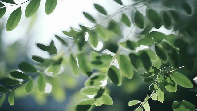 Green leaves on tree branches are backlighting creating a soft bokeh background, representing themes of growth, natural beauty, tranquility, and environmental freshness in spring