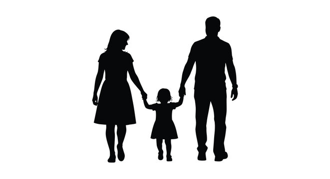 A family of three including a mother father and young daughter walking hand in hand on transparent background silhouette high quality professional detailed
