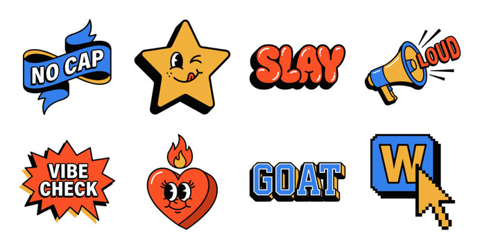 Gen Z Slang Sticker Set with Retro Cartoon Characters