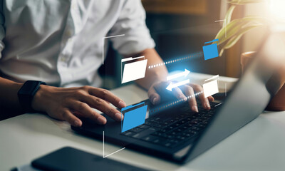 FTP(File Transfer Protocol) files receiver and computer backup copy. File sharing isometric. Digital system for transferring documents and files online.Data Transfer concept