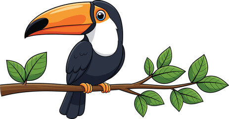 Obraz premium Cartoon toucan illustration perched on tree branch with colorful beak and tropical leaves for wildlife education, children’s books, and biodiversity themes.