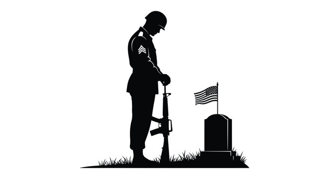 A solemn depiction of a soldier in mourning at a gravesite with an american flag on transparent background silhouette high quality