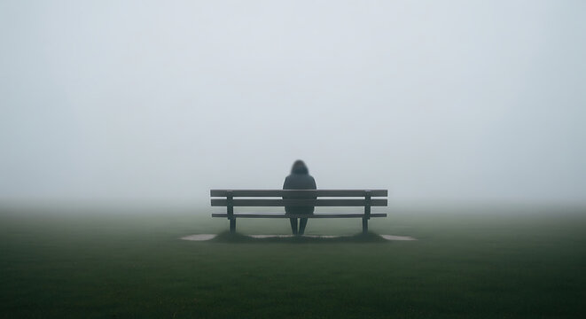 A lone individual sits on a bench in a misty park, surrounded by fog, from a distant viewpoint