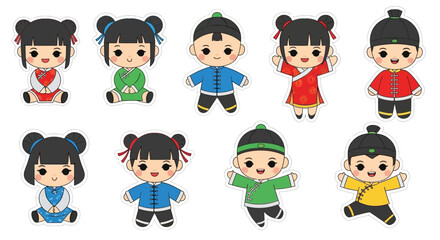 Obraz premium A vibrant collection of ten adorable cartoon Chinese children, five boys and five girls, dressed in colorful traditional outfits and depicted in various playful poses.