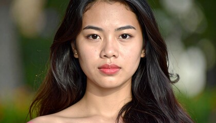 Fototapeta premium Beautiful Asian Woman with Long Dark Hair and a Serene Expression in Natural Light.