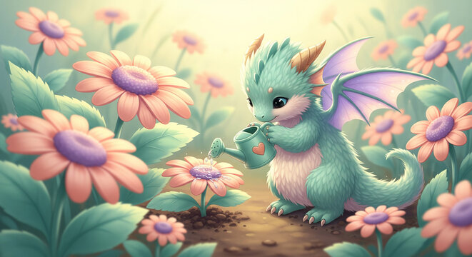 Cute baby dragon watering pink daisies with a small teapot in a magical garden. &bull; Adorable fantasy creature gardening: teal dragonet with wings among spring flowers.