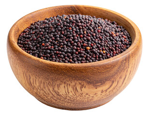 A wooden bowl overflowing with dark, round, tiny seeds