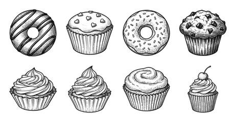 Plakat Vintage hand drawn engraving of sweet bakery treats including frosted cupcakes muffins and glazed donuts collection