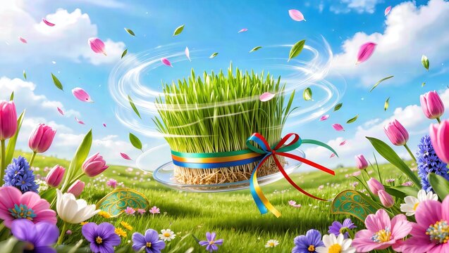 Nowruz Spring Festival 3D Illustration with Green Samani, Flowers and Flowing Ribbons