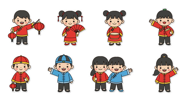 Collection of cute cartoon Chinese children in traditional red and blue outfits, celebrating cultural events with lanterns and fans.