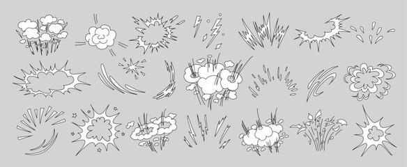 Superhero doodle effect, hand-drawn, with dynamic speed lines, a collection of animated cartoon motion elements and an explosive comic burst effect vector illustration.