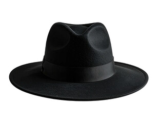 Black felt fedora hat with a wide brim and a dark ribbon band