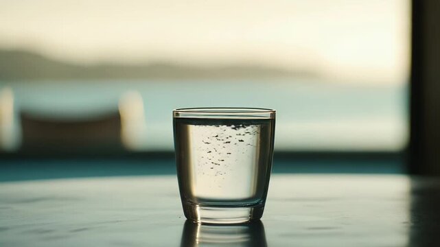 Dark, viscous substance dropping and separating from clear liquid in a glass tumbler, demonstrating density differences and fluid dynamics in a scientific context