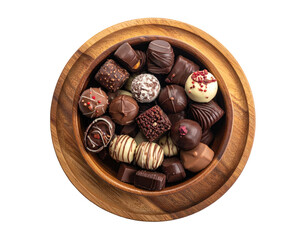 Overhead view of an assortment of chocolates in a wooden bowl