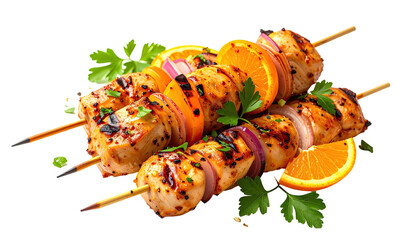Grilled chicken kebabs with orange slices and herbs, isolated on black