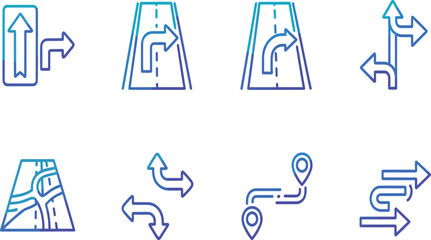 Naklejka premium Navigation and Route Direction Icon Vector Set with Road Arrows Turn Guidance Map Paths GPS Wayfinding and Travel Symbols