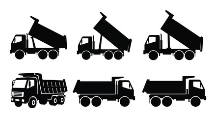 A set of three black dump trucks in varying positions and a single truck on transparent background silhouette high quality professional © GDMala02